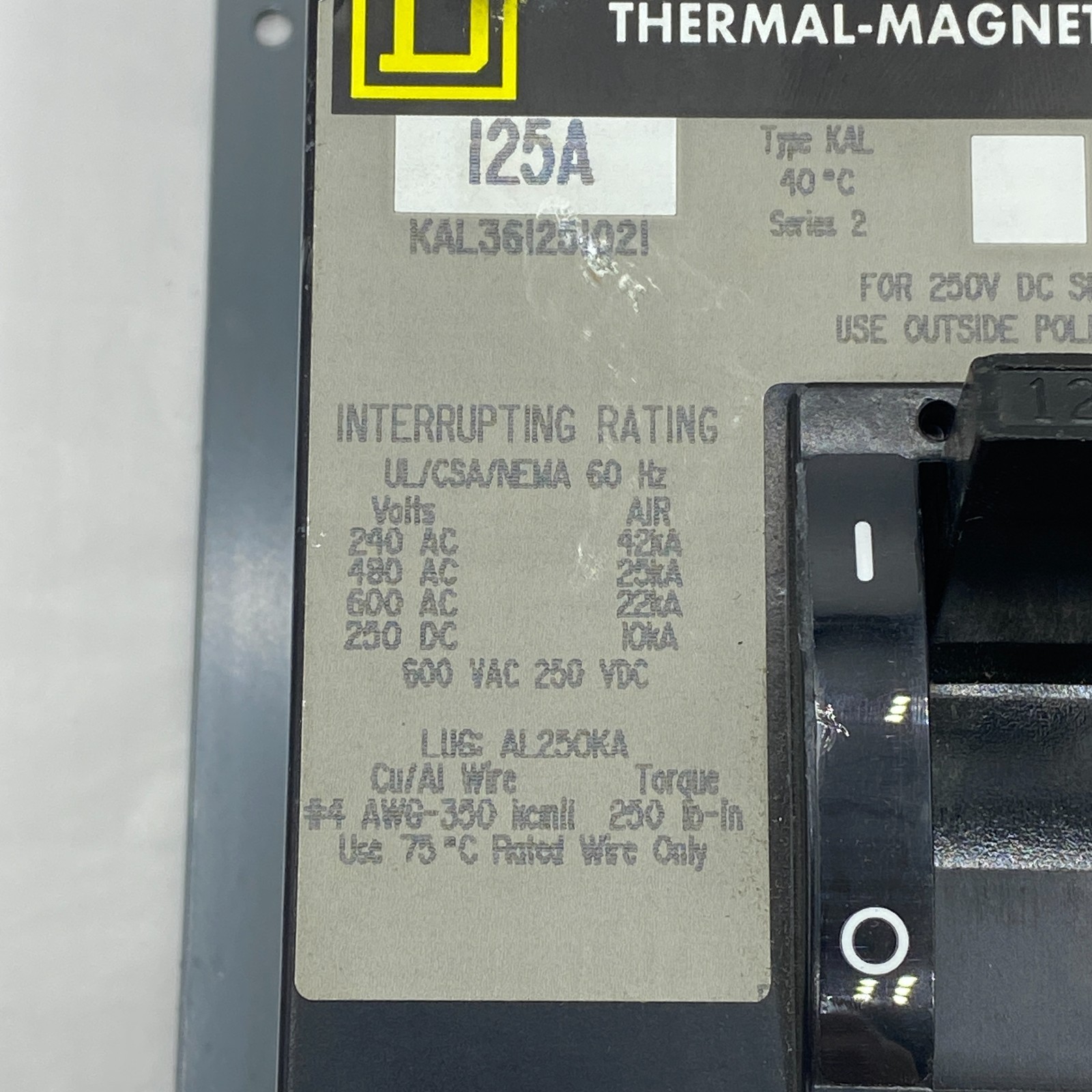 SQUARE-D KAL361251021 THERMAL-MAGNETIC CIRCUIT BREAKER 125-AMP 3-POLE UNIT