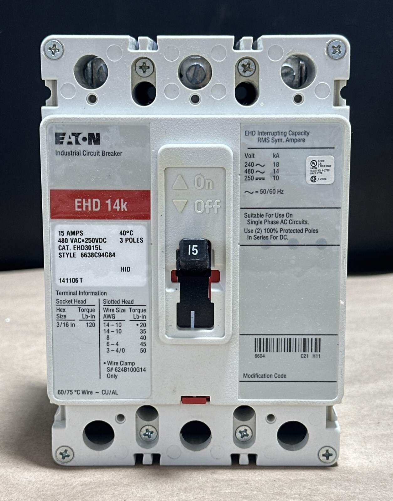 NEW IN BOX- Cutler Hammer / Eaton EHD3015L Ser C 14k Industrial Circuit Breaker