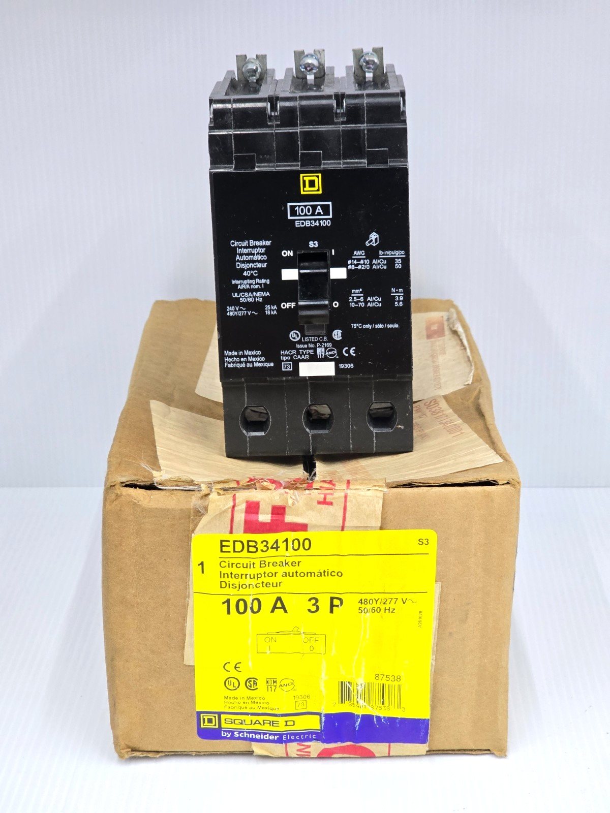 New Square D 100 Amp Bolt-On Circuit Breaker 480Y/277 VAC 3 Pole 25 kA EDB34100
