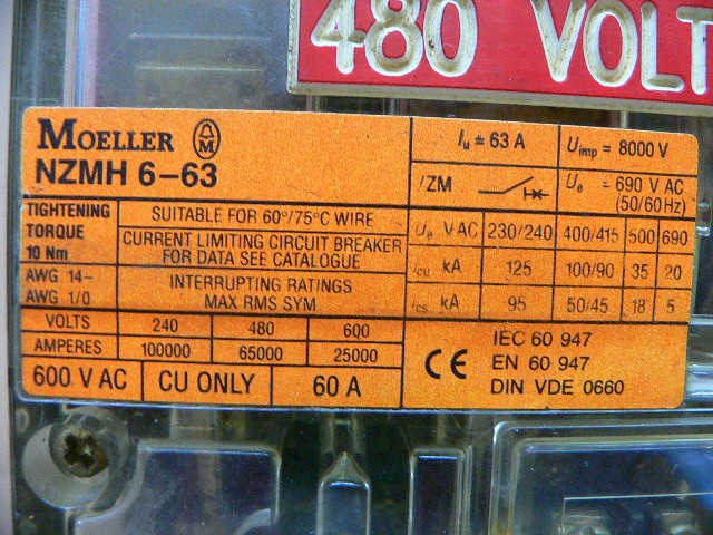 Moeller Circuit Breaker 63 Amp 600Vac 60Hp 25-40 Trip Range , Nzmh 6-63