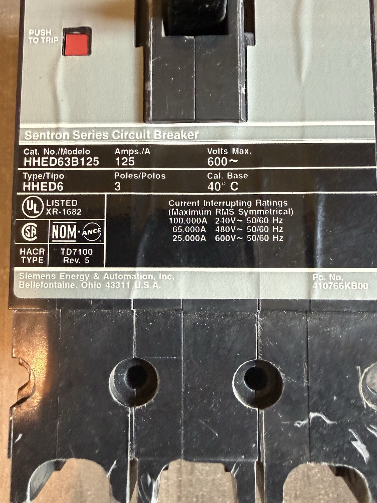 Siemens Sentron HHED63B125 125A 3-Pole Circuit Breaker w/ Lugs