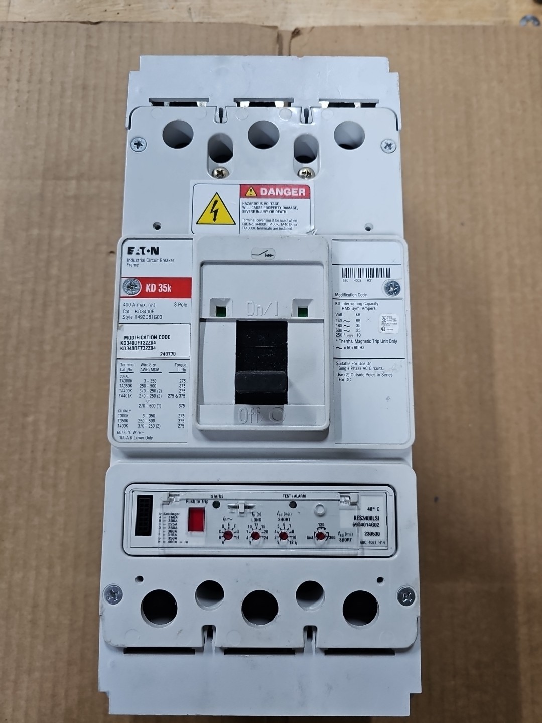 Eaton KD3400 Molded Case Circuit Breaker 400A 3Phases 600V LSI TRIP KES3400LSI
