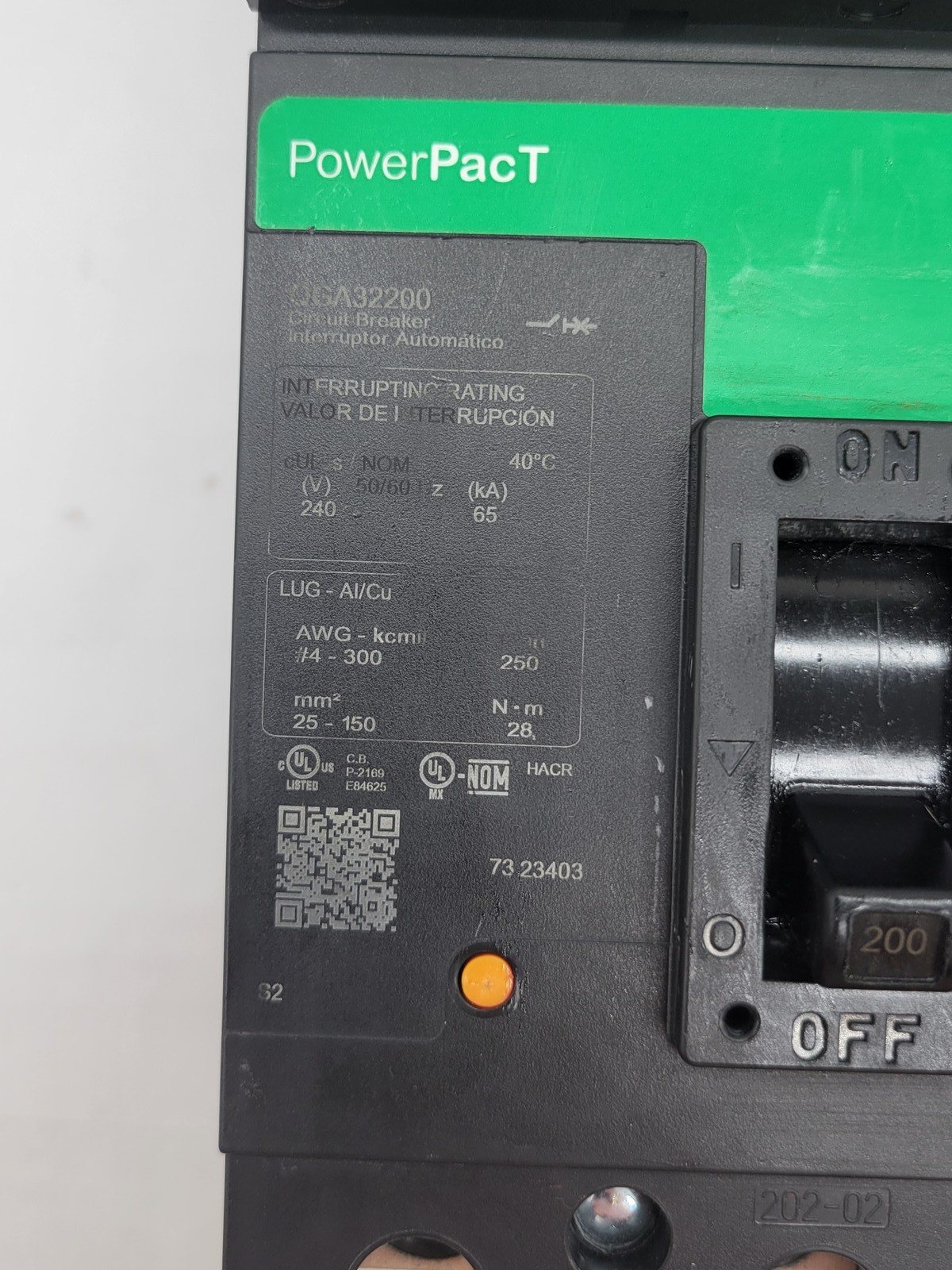 Square D QGA32200 PowerPact I-Line Circuit Breaker 200A 3P 3PH 240V 65KA QGA