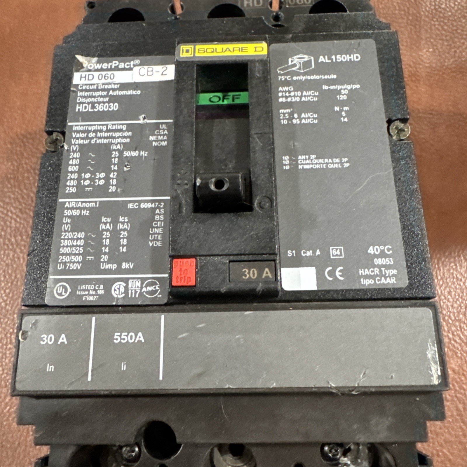 Square D PowerPact H 600VAC/250VDC 30A 3 Pole HDL36030 Circuit Breaker 3P 30 Amp