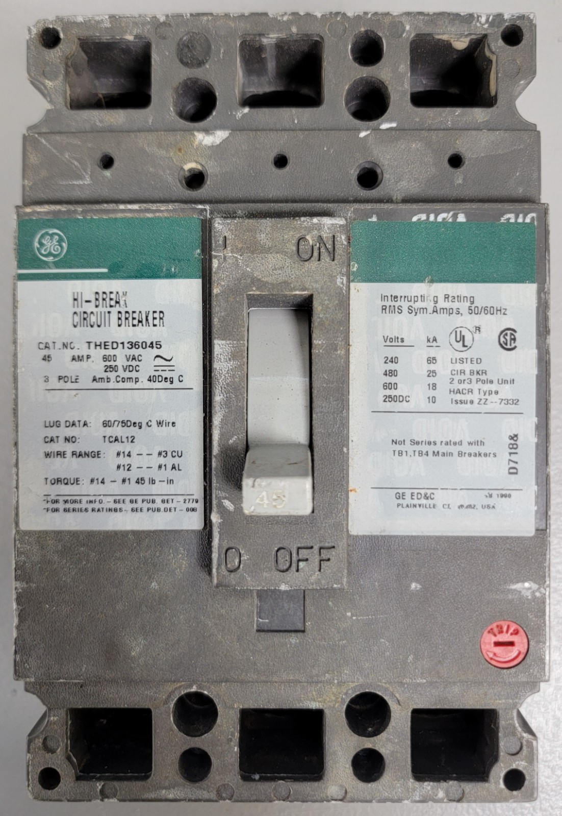 GE THED136045 Circuit Breaker 45A 3-Pole 600VAC 60/75 C Wire TESTED (Pre-Owned)