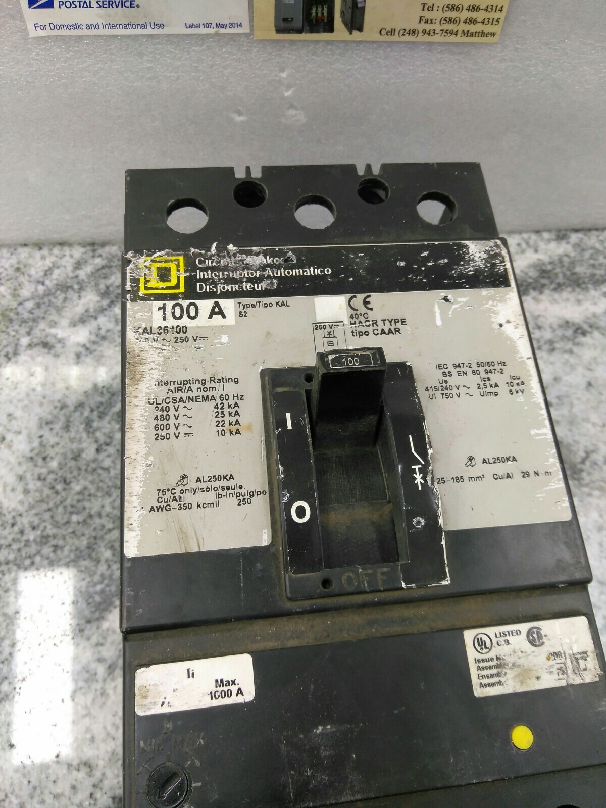 SQUARE D KAL36100 3P 600VA/250VD 100A AL250KA TYPE KAL Breaker/USE(33D3
