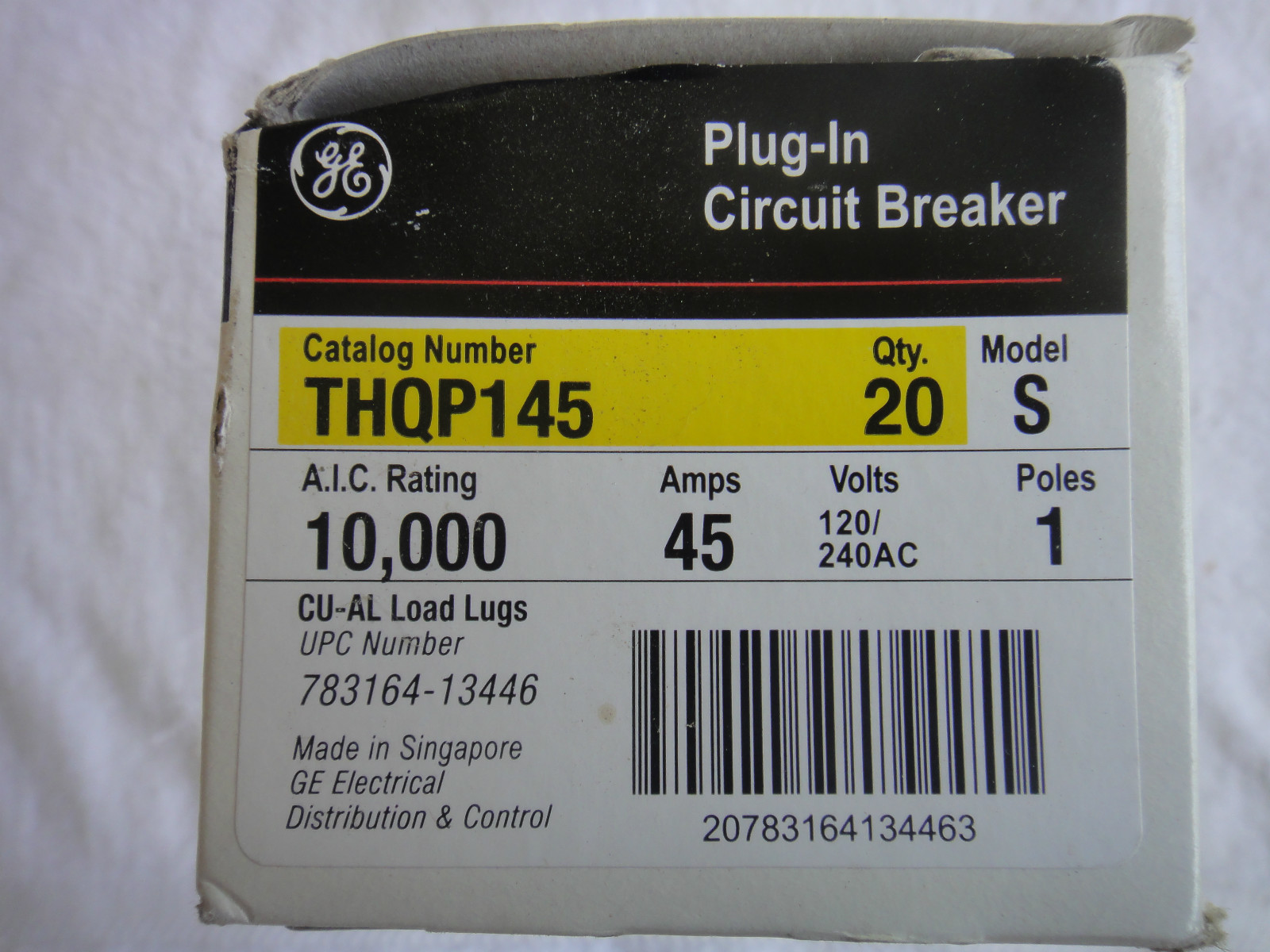 NEW GE Plug-In Circuit Breaker 45 Amp 1 Pole 120/240 AC Volts THQP145