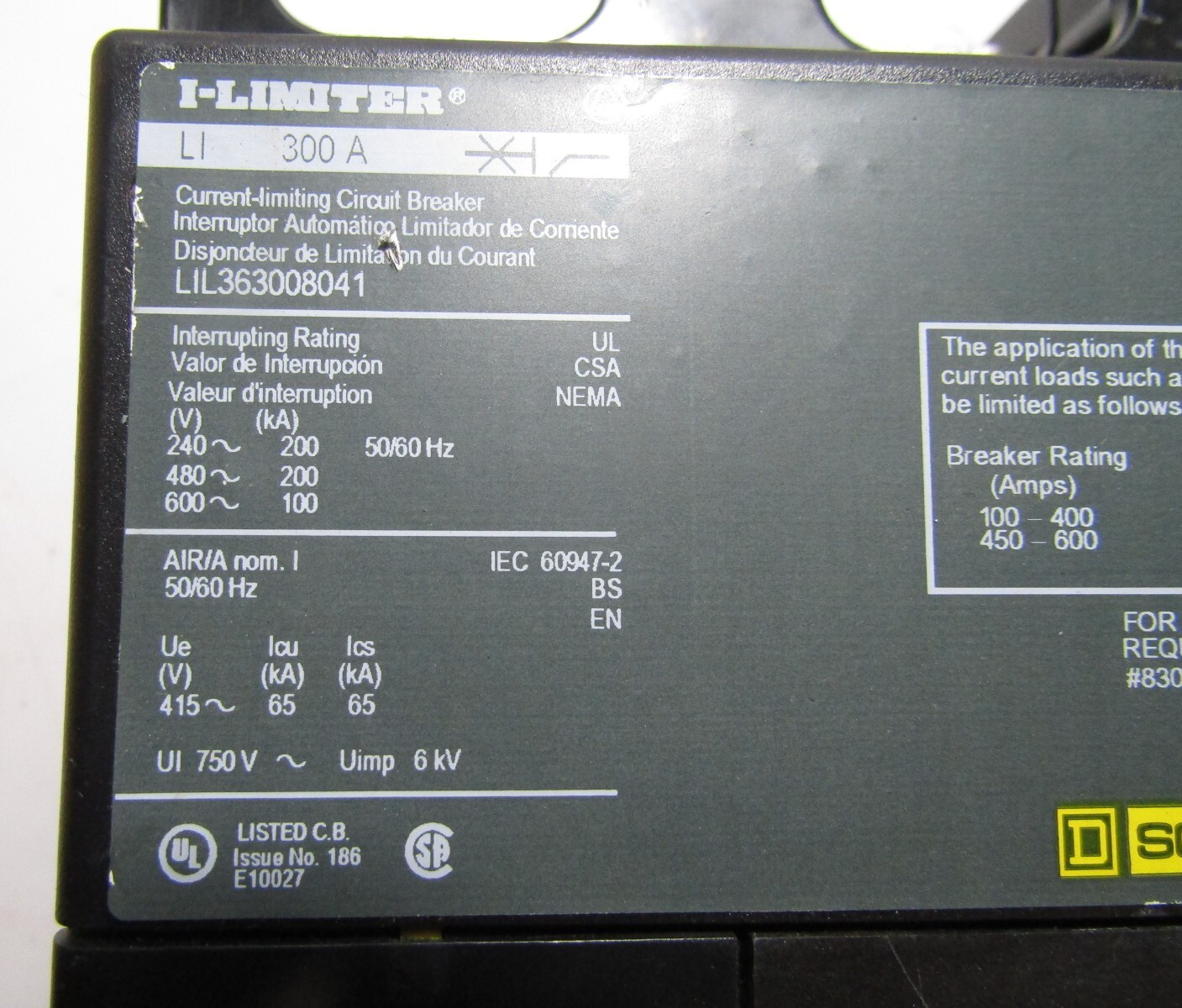 ✌ NEW SQUARE D LIL363008041 300 AMP 3Ø CIRCUIT BREAKER 240/600 VAC