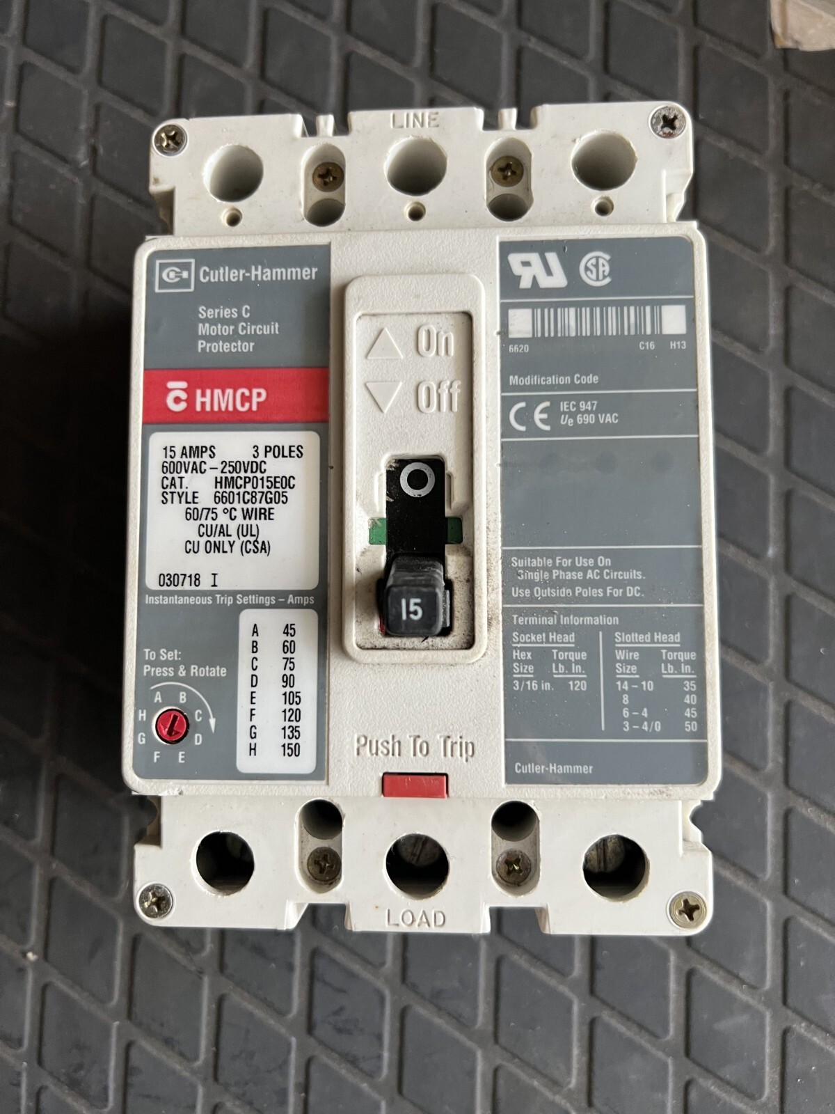Eaton Cutler-Hammer HMCP015E0C 15 Amp 3-Pole Motor Circuit Protector 600V