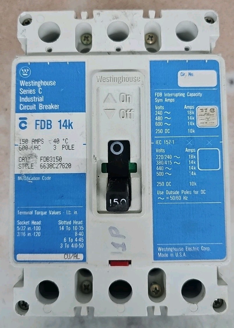 1) Westinghouse FDB3150 Circuit Breaker 3 Pole 150 Amp 240-600VAC