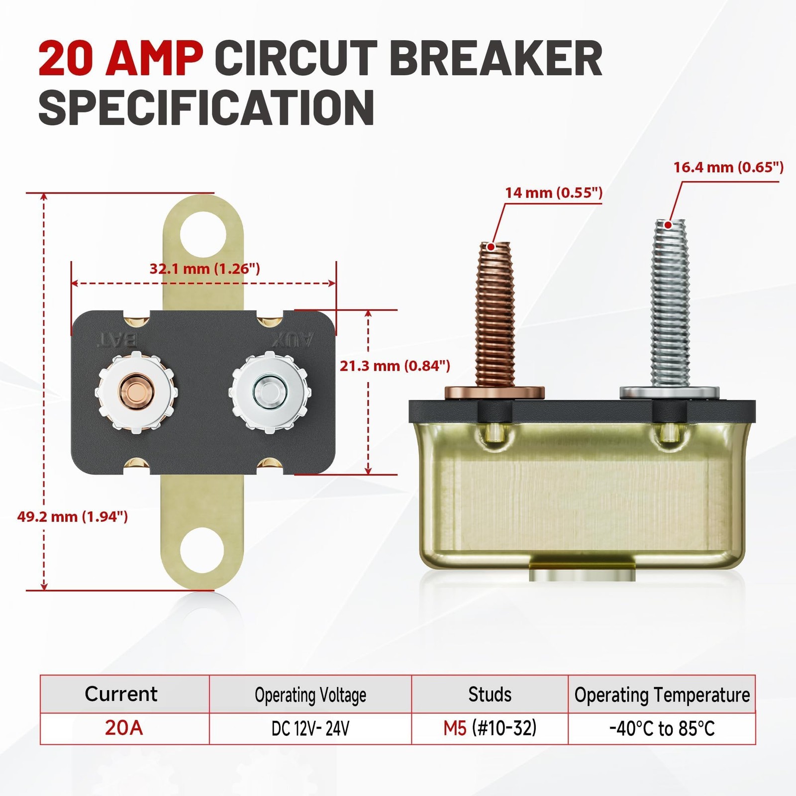 RED WOLF (20A 4PCS) DC 12V-24V Automatic Reset Circuit Breaker #10-32 Stud Bo…