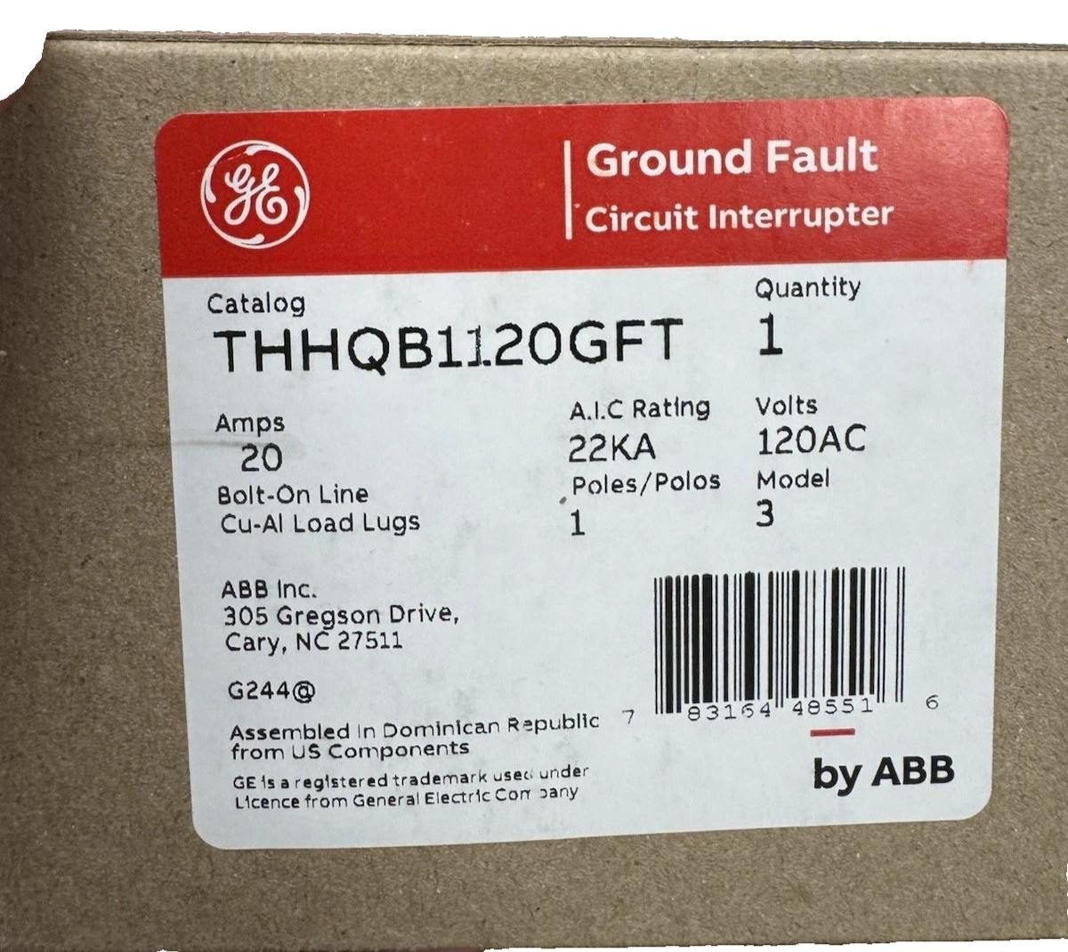 NEW GE THHQB1120GFT GFCI Bolt-On Circuit Breaker 1 Pole 20 Amp 22 kA