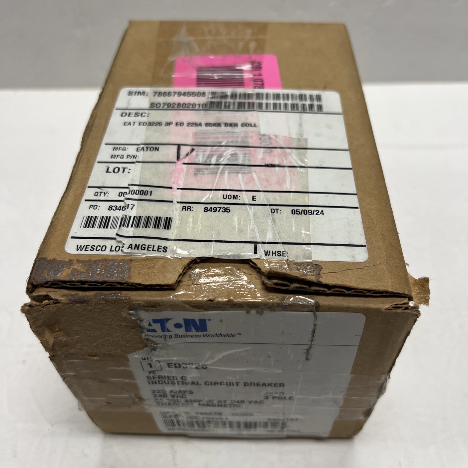 NIB – Eaton 225A 240V – ED3225 3 Pole, 65k Circuit Breaker
