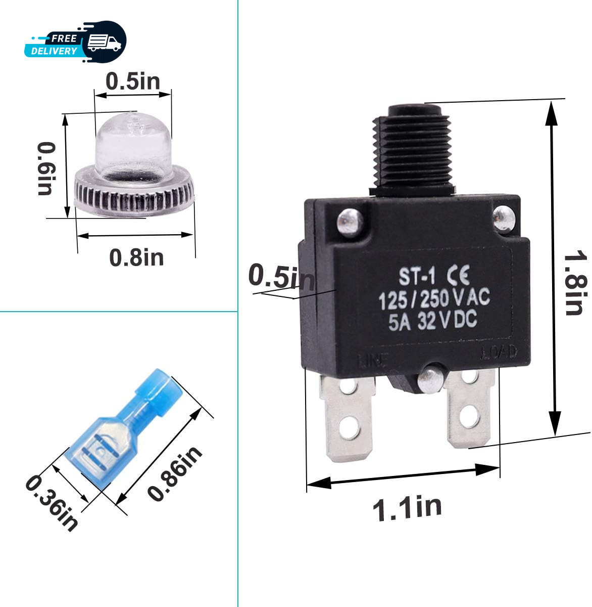 5Pcs 5Amp Circuit Breakers Push Button Manual Reset 125/250V AC 32V Dc
