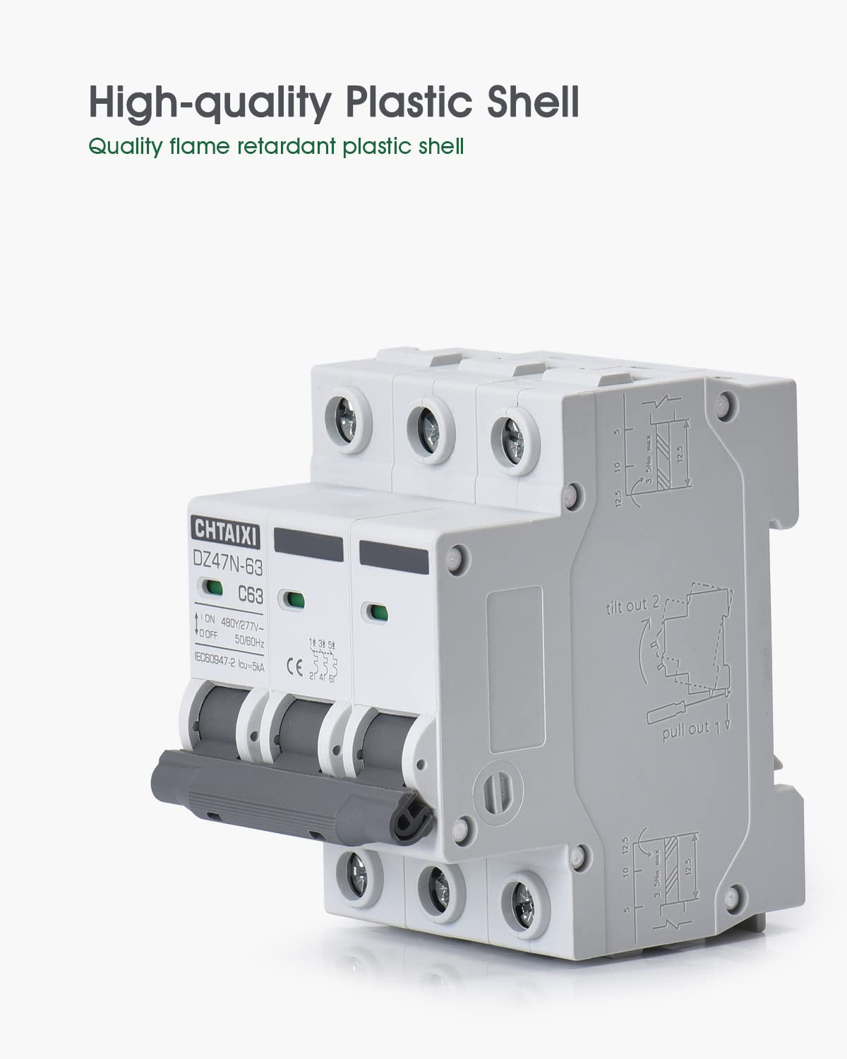 3 Pole DIN Rail Mount Circuit Breaker, 40 Amp 480V AC Miniature Circuit Breaker,