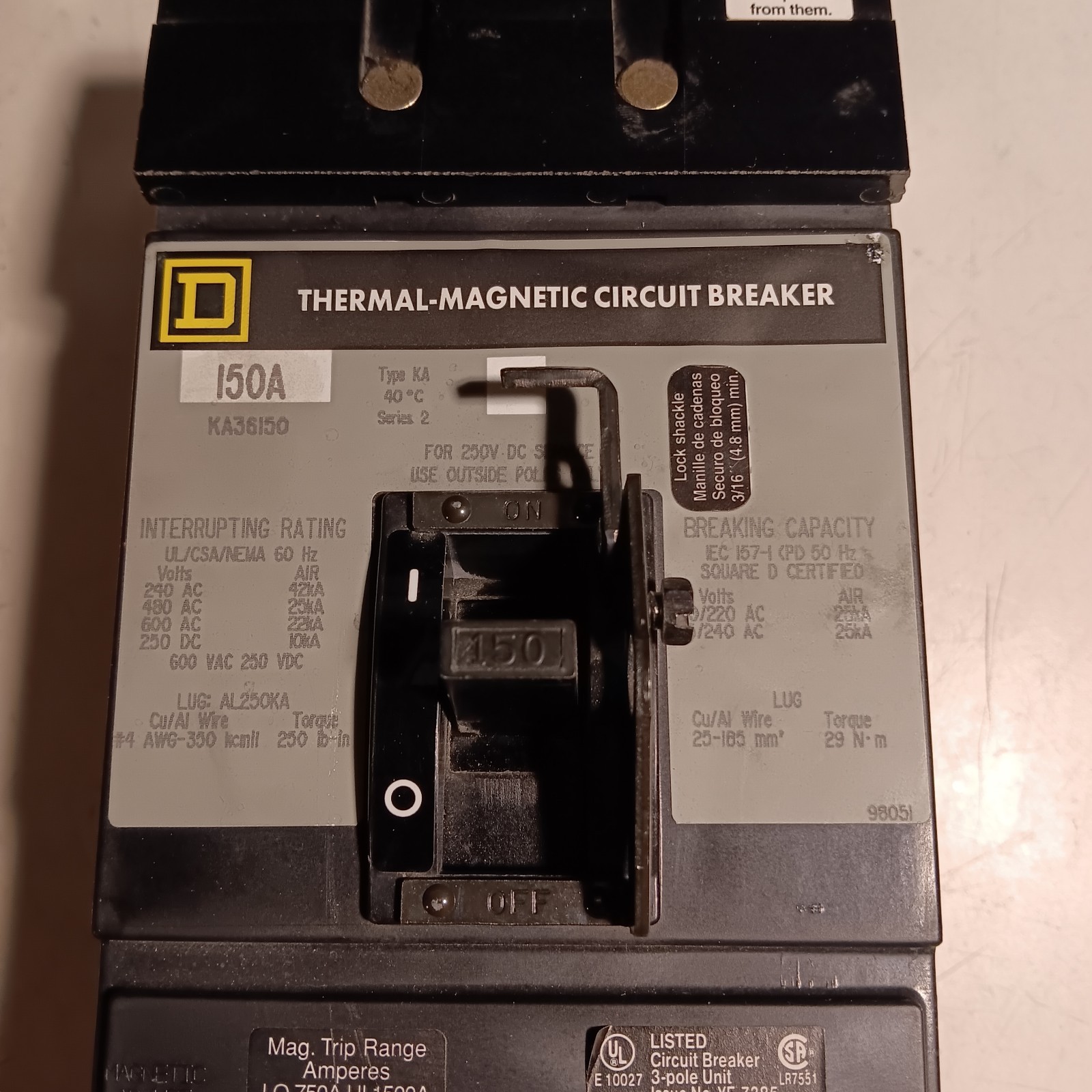 One Square D KA36150 150Amp 3Pole 25kA@480VAC I-Line Breaker