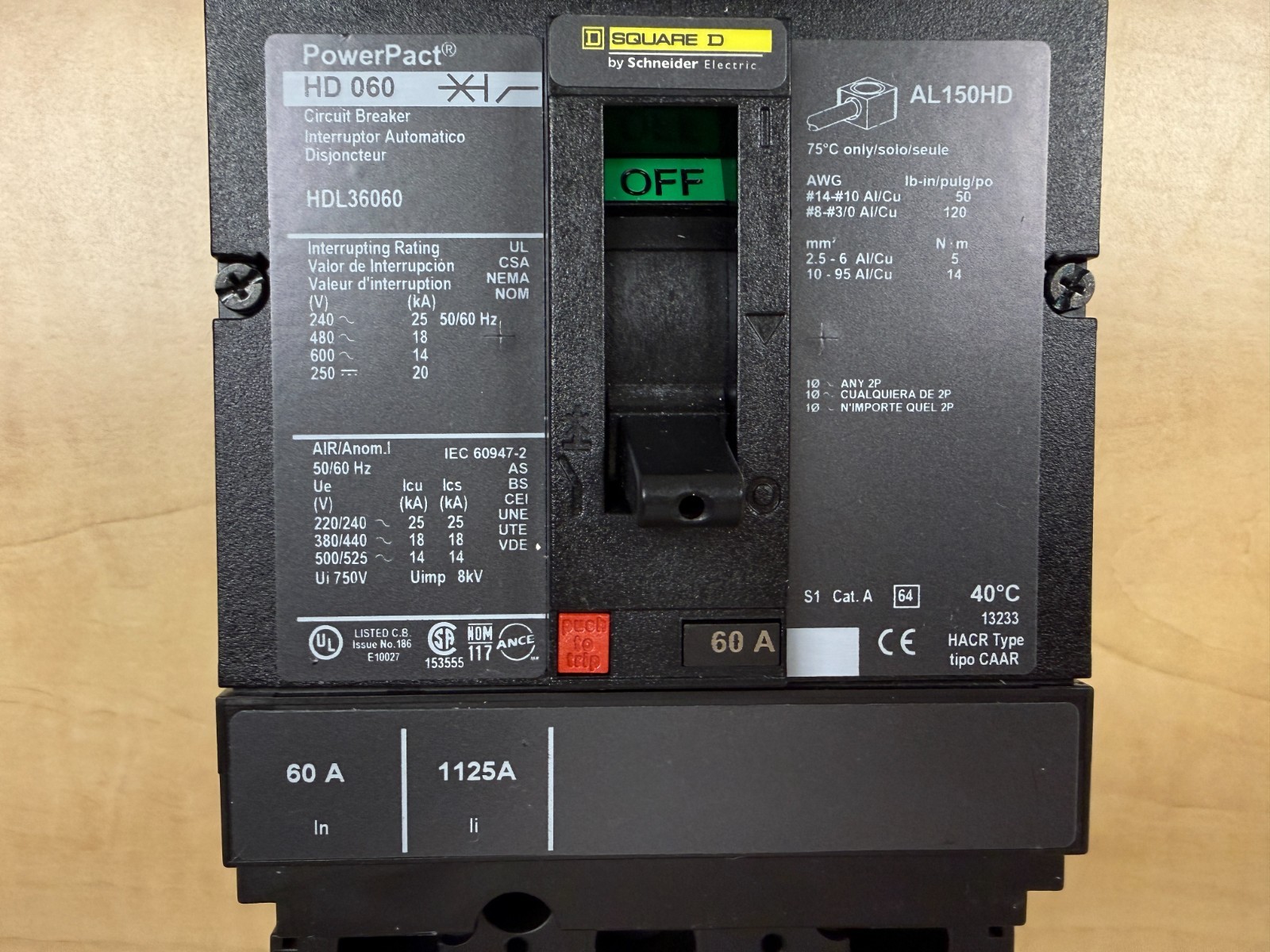 Square D, PowerPact HD 60. Cat: HDL36060 Circuit Breaker 60A, 3 pole
