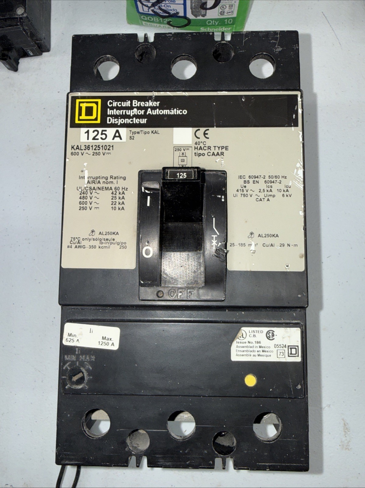 Square D KAL361251021 Shunt Trip Breaker 3 Pole 125 Amp 240-600VAC 120VAC Shunt