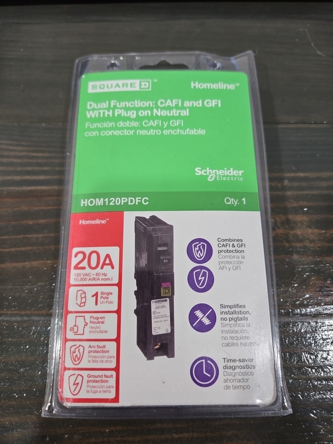 Square D homeline 20A HOM120PDFC CAFI & GFI Circuit Breaker w/ Plug On Neutral A
