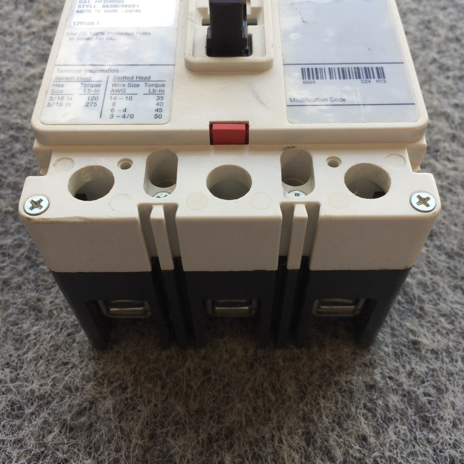 Eaton HFD3050L 50A Circuit Breaker Glossy Red 600V HFD3050 Cutler-Hammer 50 Amp