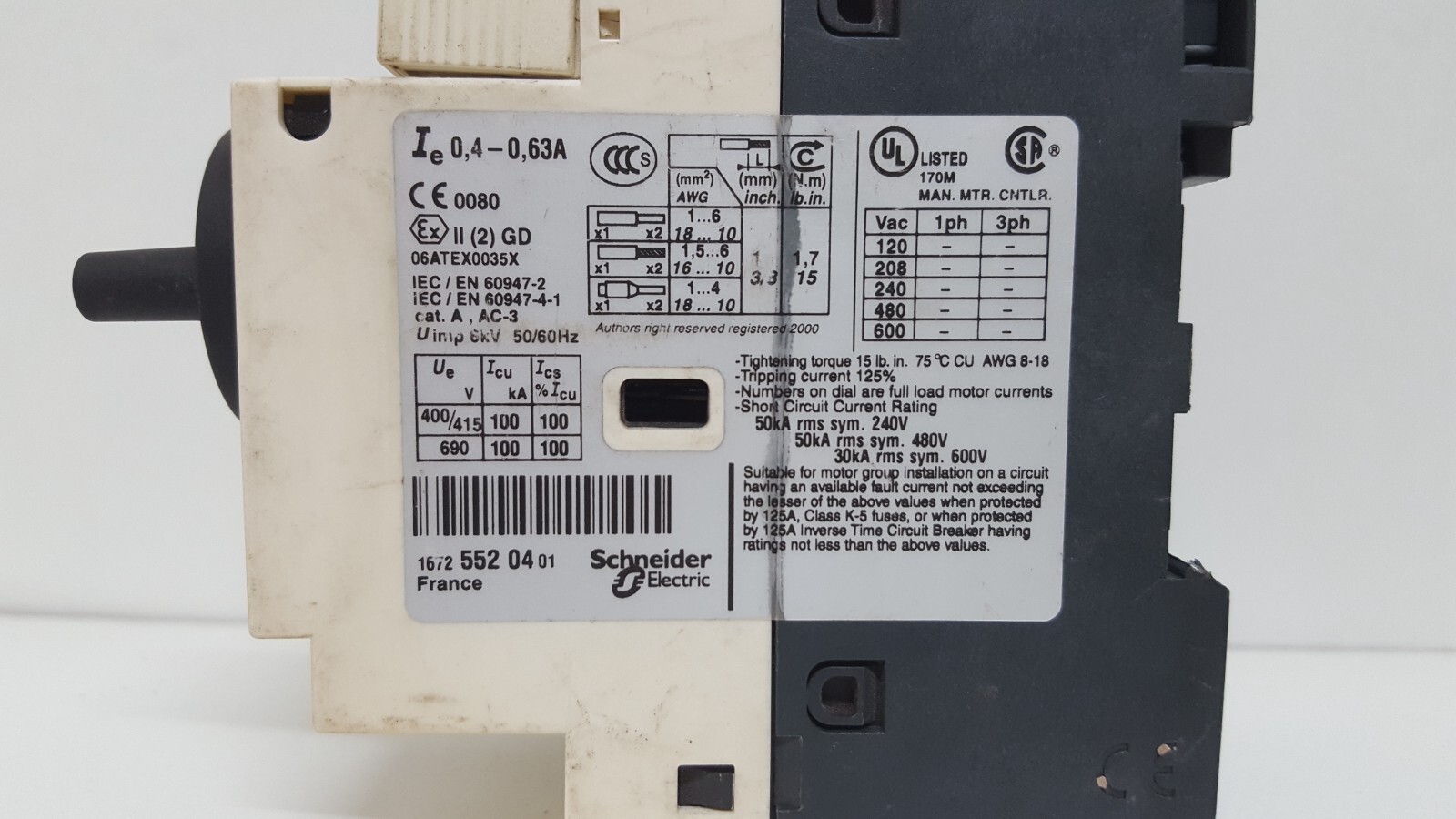 SCHNEIDER ELECTRIC GV2 P04 / 04-063A CIRCUIT BREAKER / TESTED OK