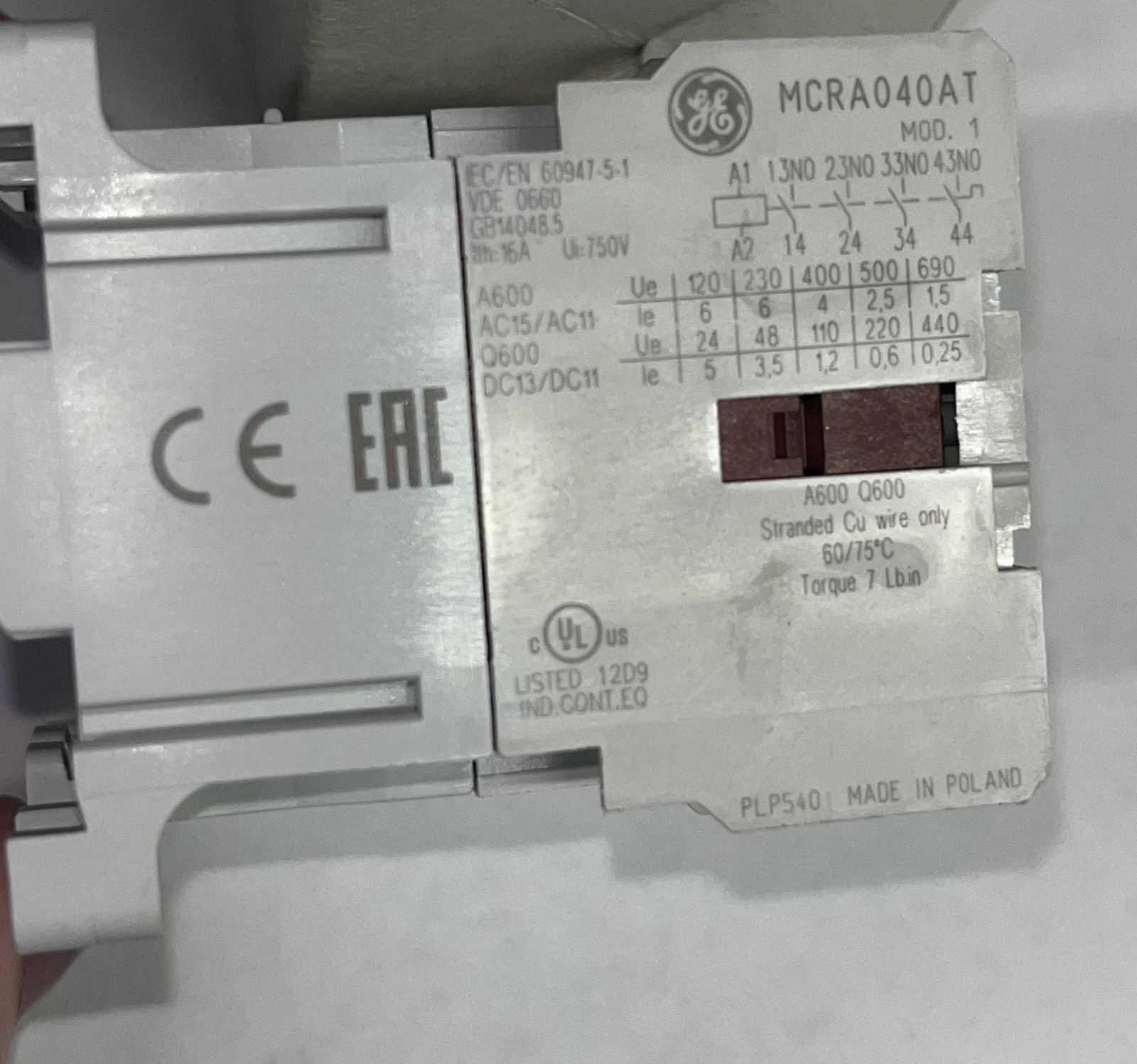GE ABB MCRA040ATW REL 4NO 480V AC COIL STD TERM **PRICE PER EACH**