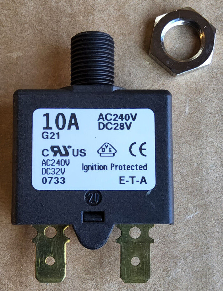 10A ETA Circuit Breaker Push To Reset Panel Tharmal AC 240V DC 28V 1658 with Nut