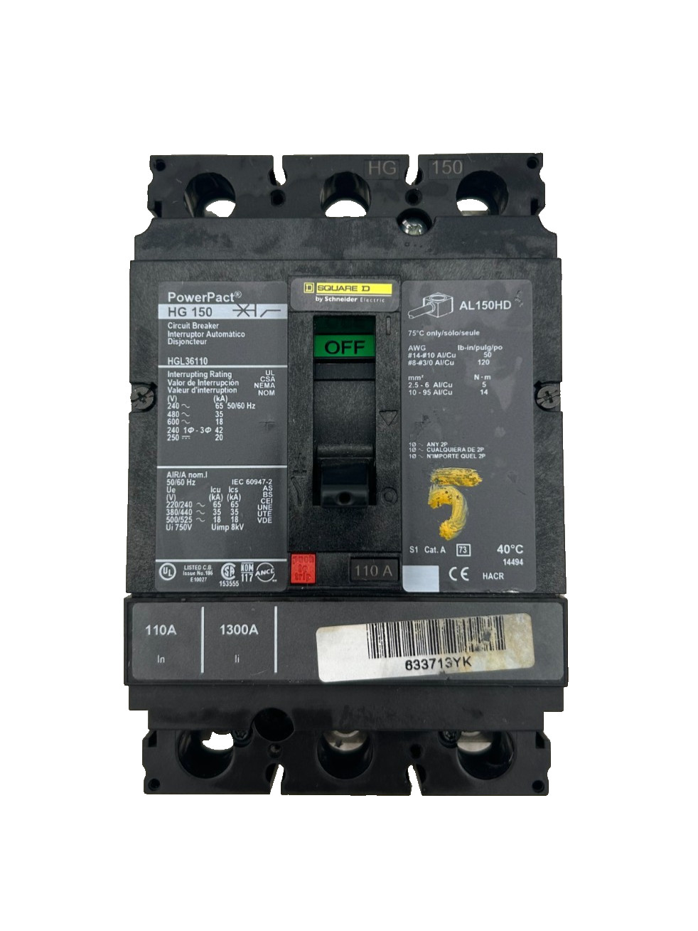 Square D HGL36110 PowerPact Circuit Breaker 110A 3-Pole 600VAC