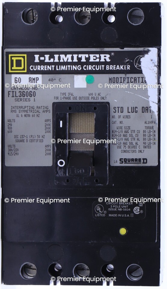 * SQUARE D FIL36060 60A 600V 3 POLE CIRCUIT BREAKER w/ LUGS