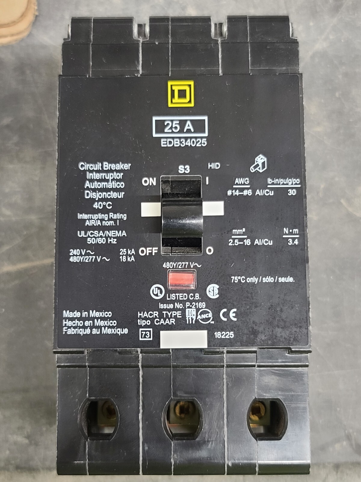 Square D EDB34025 25A 3P 480Y/277V E-Frame Circuit Breaker