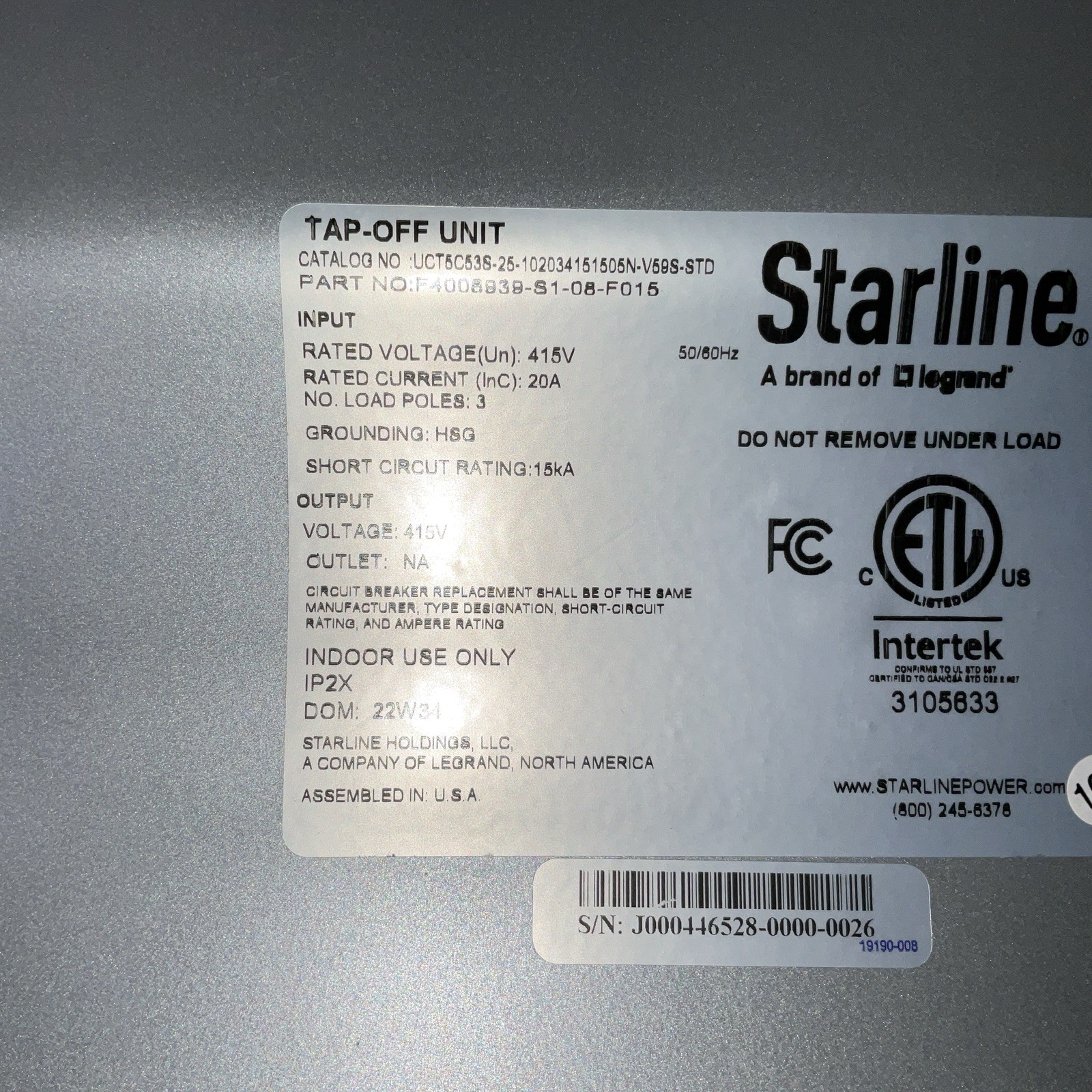 Starline Tap Off Unit / Box 415v 20A, 3 Pole F4008939S108F015 New / Data Center