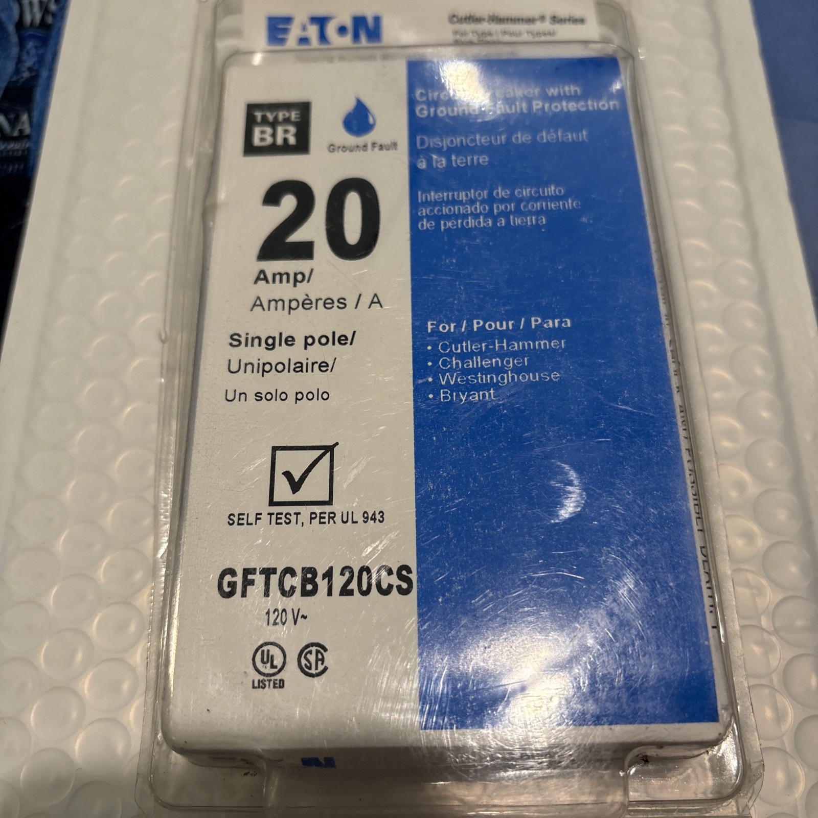 Eaton BR Type GFCI Circuit Breaker 20A 120V 1-Pole Self Test GFTCB120CS, NEW