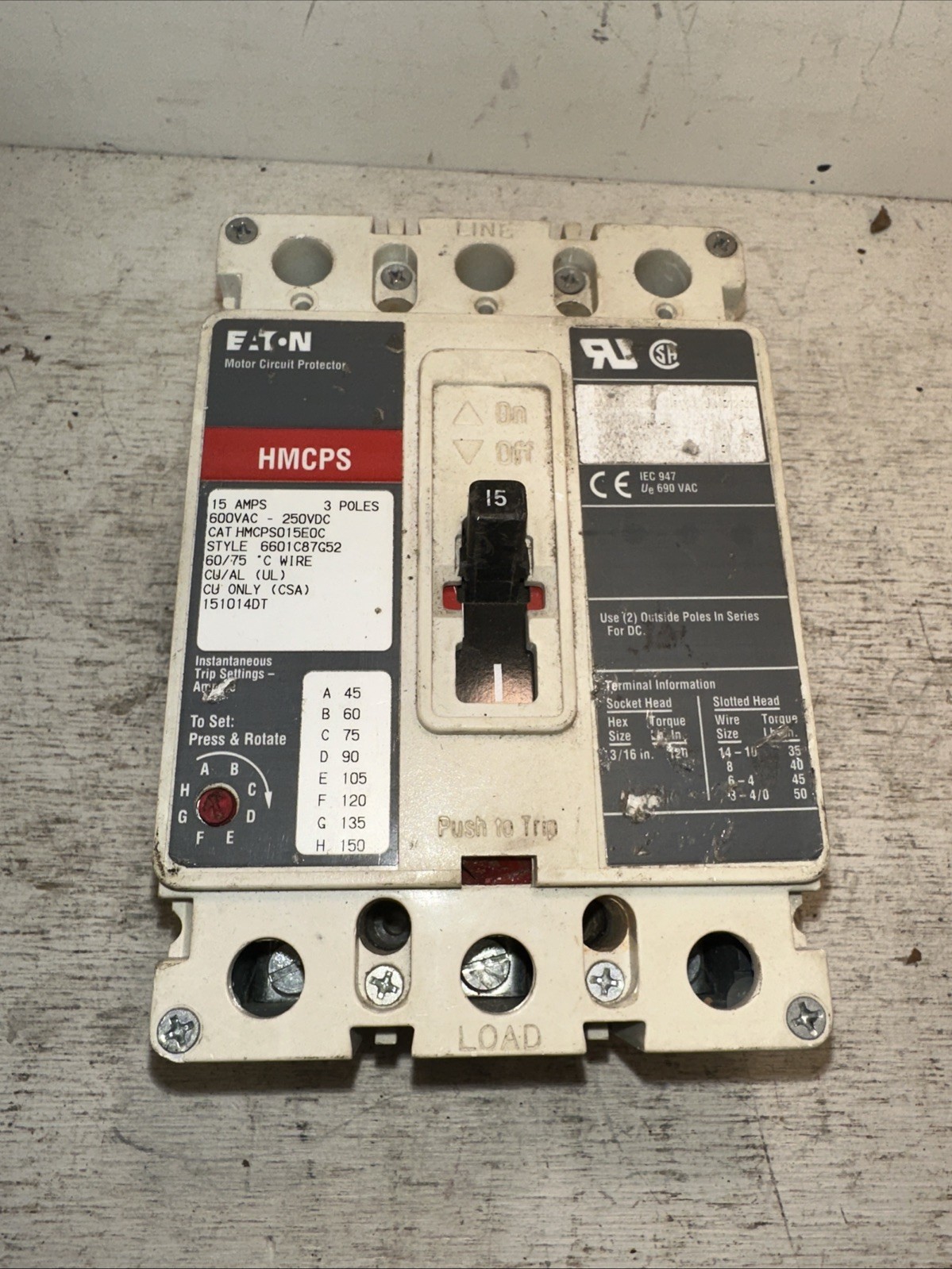 Tested EATON /Cutler Hammer HMCP015EOC 15 Amp 600 Volt 3 Pole Circuit Breaker