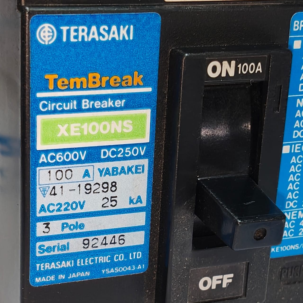 NEW TERASAKI XE100NS 3 POLE 100 AMP TemBreak CIRCUIT BREAKER AC600V DC250V