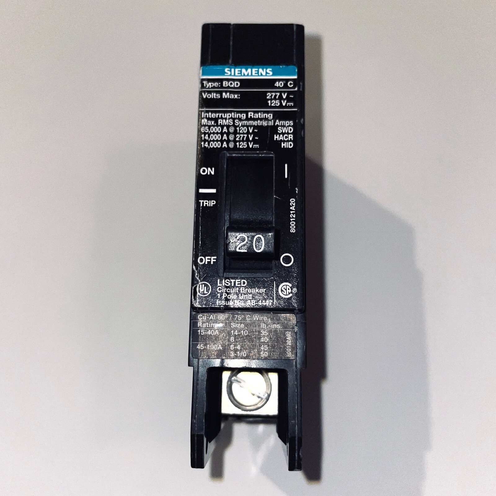 Siemens BQD120 20 AMP Bolt-On Circuit Breaker 277 VAC 1 POLE 14kA@277V