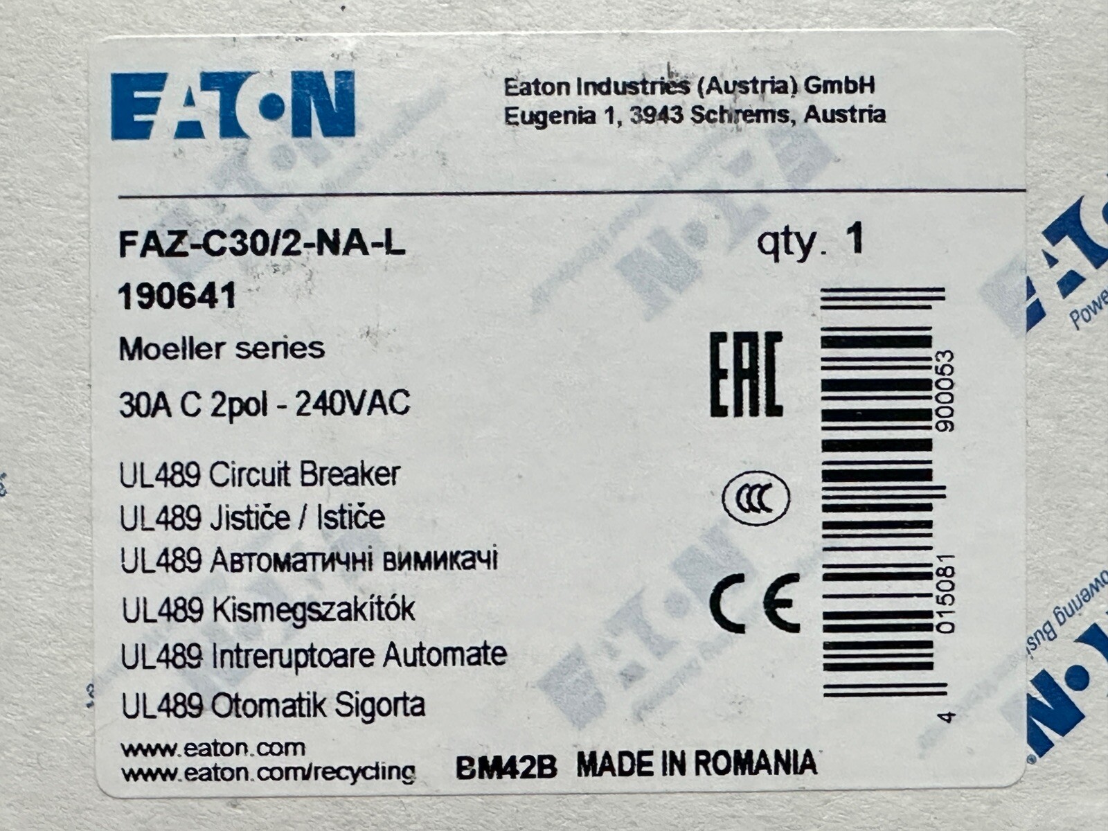 NEW Eaton Moeller FAZ-C30/2-NA-L Din Rail Circuit Breaker 30A 2 Pole 240V