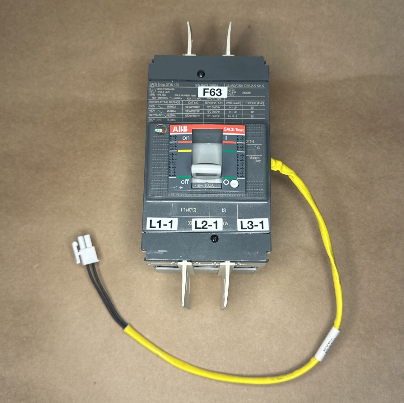 ABB SACE TMAX XT1N-125 CIRCUIT BREAKER 100 AMP 600 VAC BM21134034 IEC60947-2