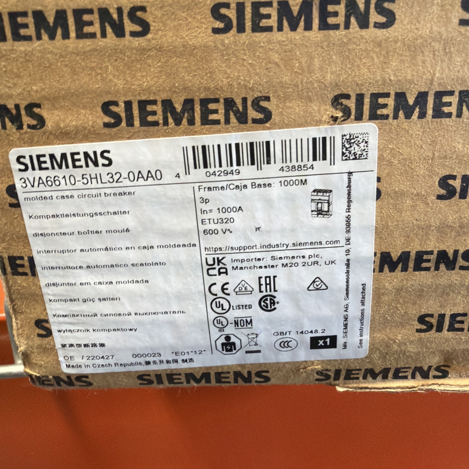 3VA6610-5HL32-0AA0 Siemens 1000a 3P Circuit Breaker New In Nox