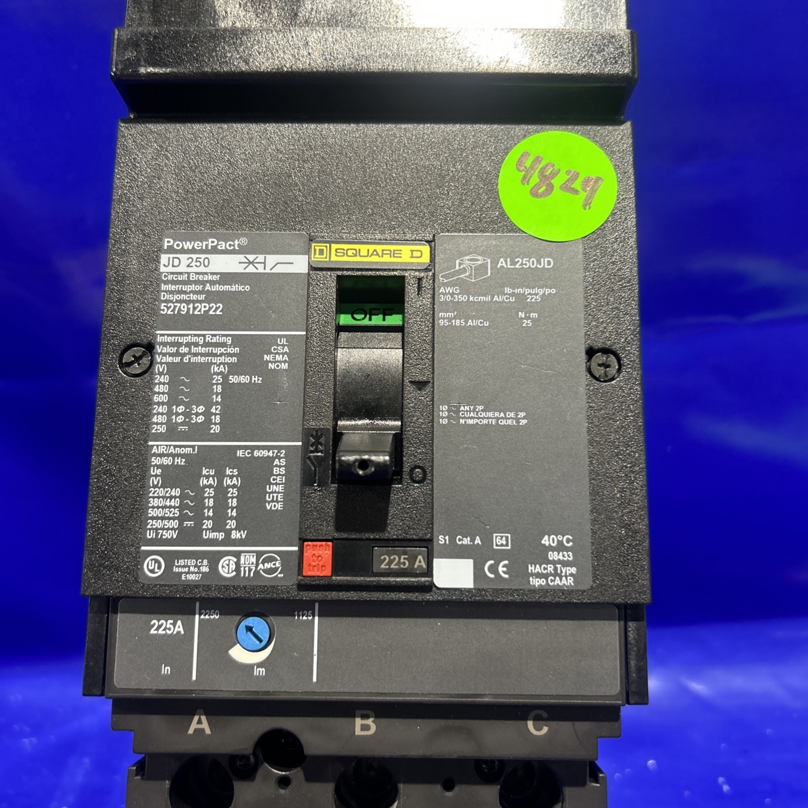 Square D 225 Amp 600V PowerPact I line Circuit Breaker 527912P22 🟦