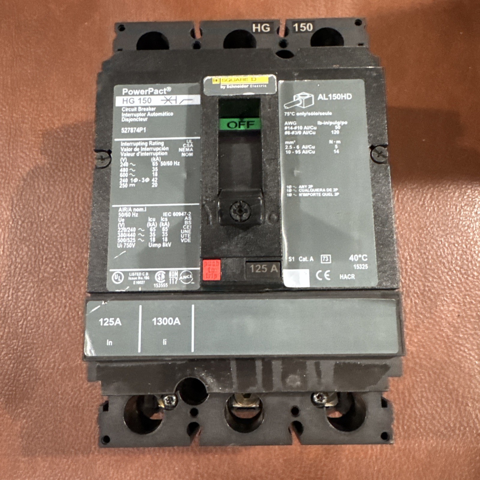Square D 3P 125A PowerPact HG 150 527874P1 125 AMP Circuit Breaker 3 Pole