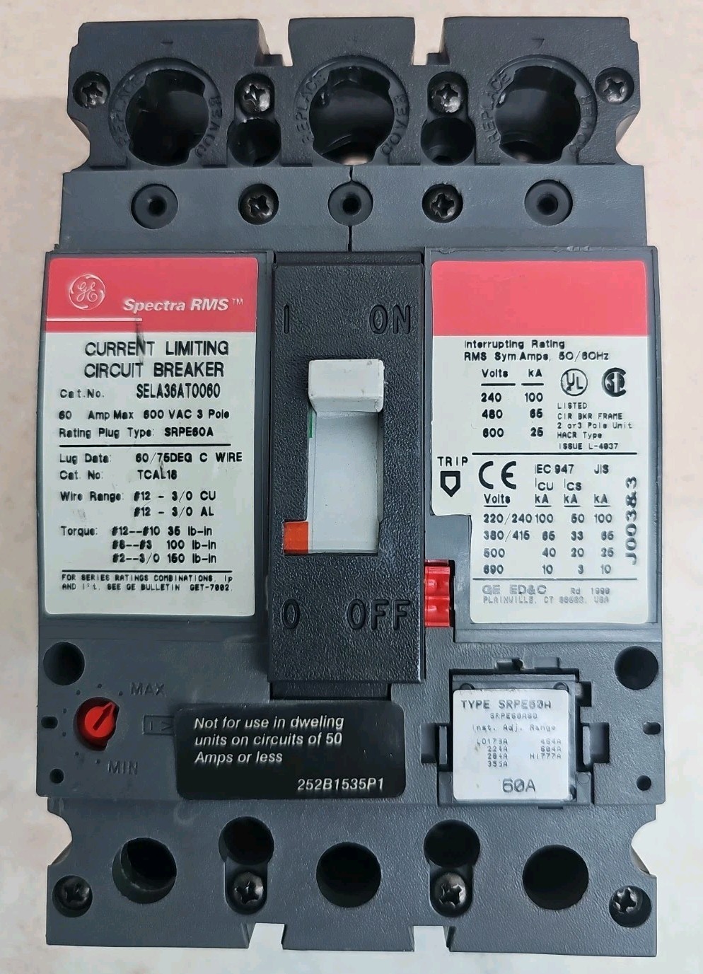 GE Spectra RMS SELA36AT0060 Circuit Breaker 60A 600VAC 3-Pole w/60A Plug in