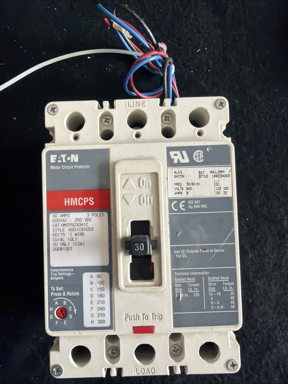 Eaton HMCPS030H1C Molded Case Circuit Breaker, 3P, 30A, 600V-AC, 250v-dc