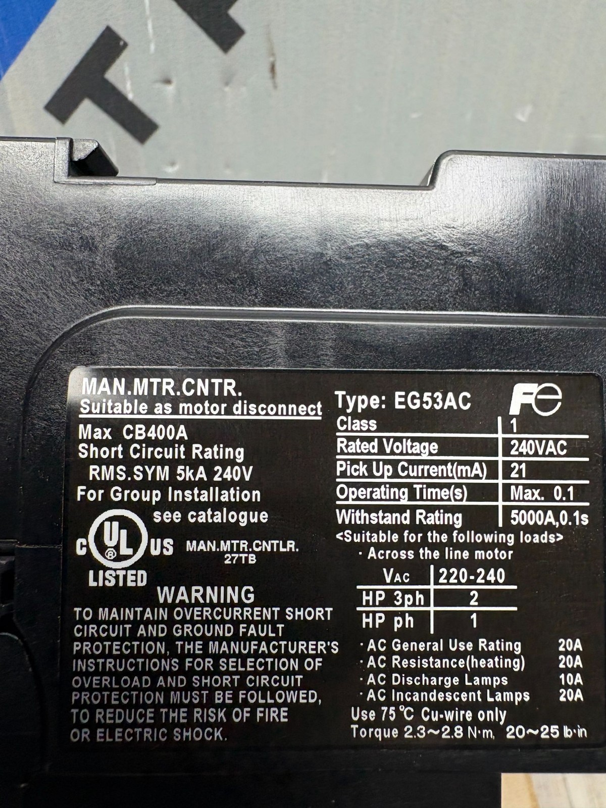 FUJI ELECTRIC CIRCUIT BREAKER EG53AC CLASS 1 240VAC 21mA
