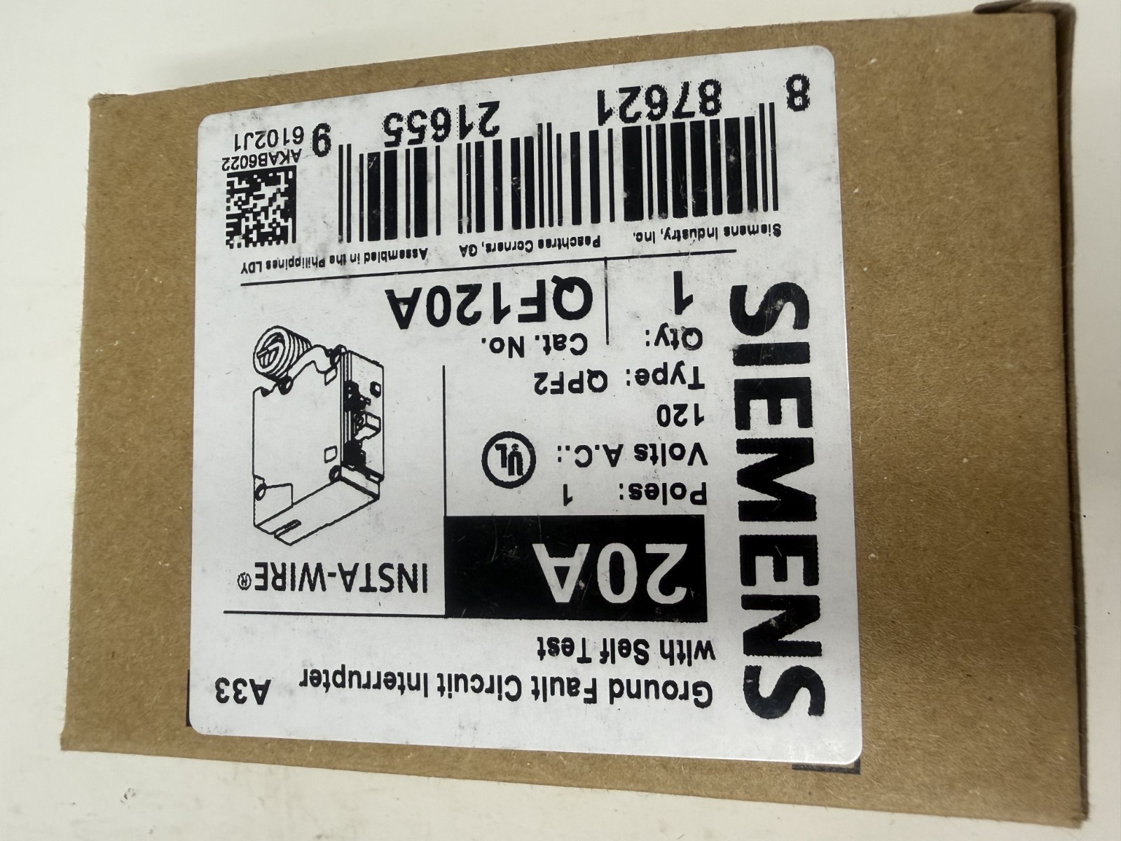 New Circuit Breaker Siemens QF120 QF120A 20 Amp 1 Pole 120V GFCI