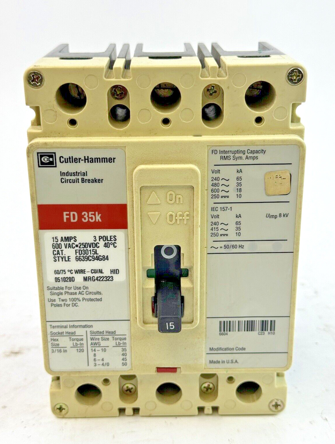 EATON / CUTLER-HAMMMER – FD3015L – CIRCUIT BREAKER – 3 POLE/ 15 A/ 600 VAC