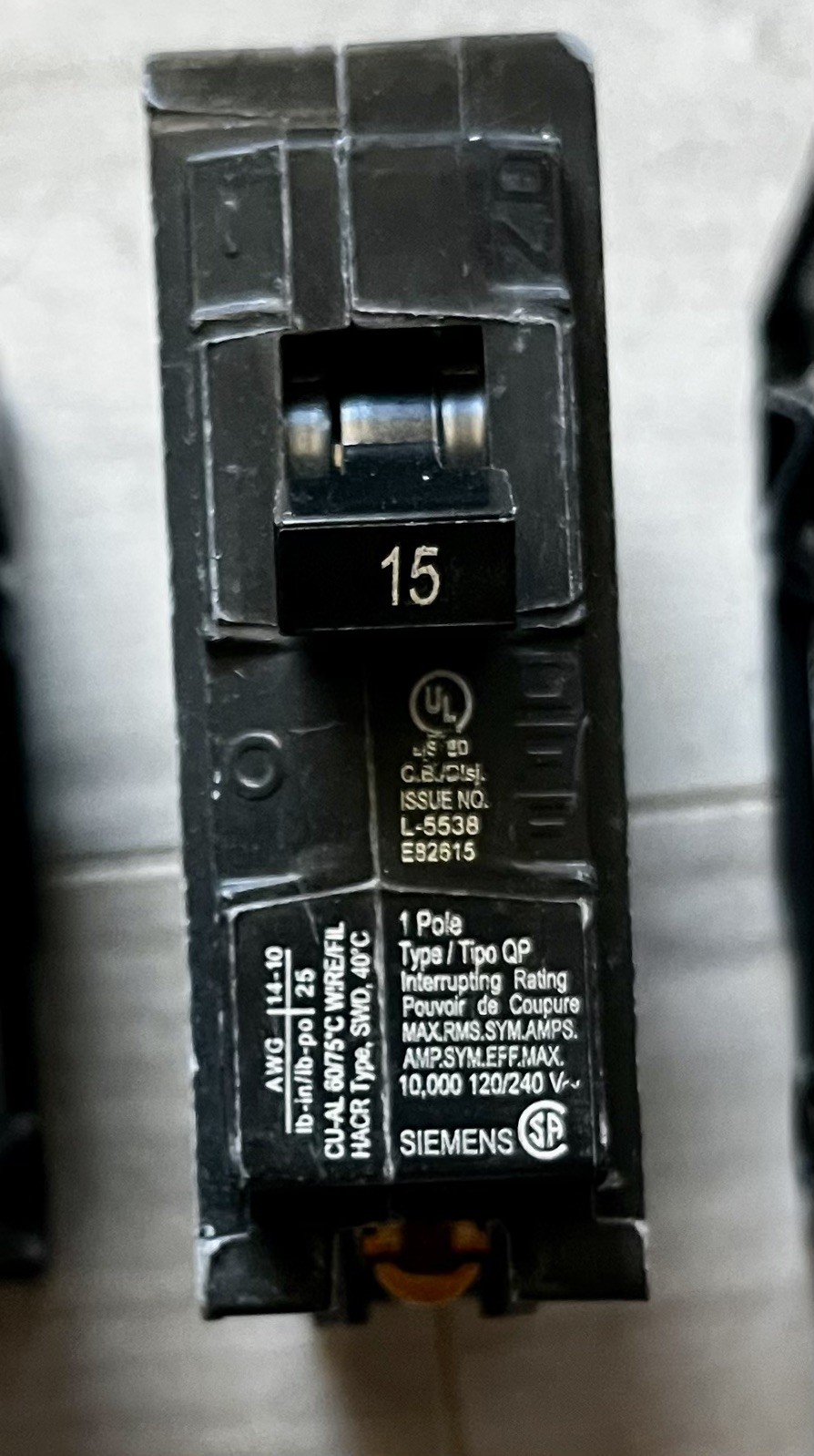 Siemens QP 15-amp Single-Pole Standard trip Circuit Breakers — 6 each