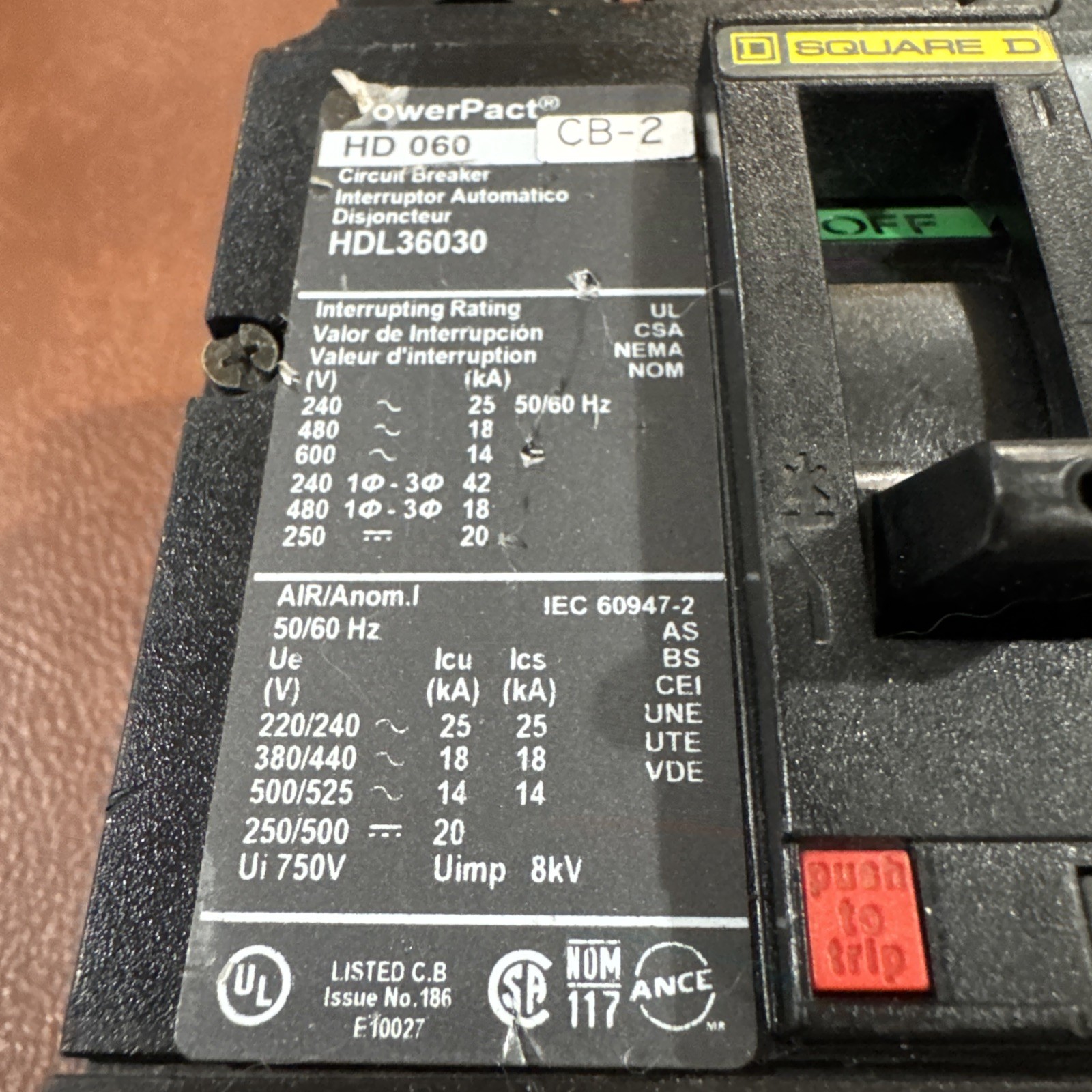 Square D PowerPact H 600VAC/250VDC 30A 3 Pole HDL36030 Circuit Breaker 3P 30 Amp