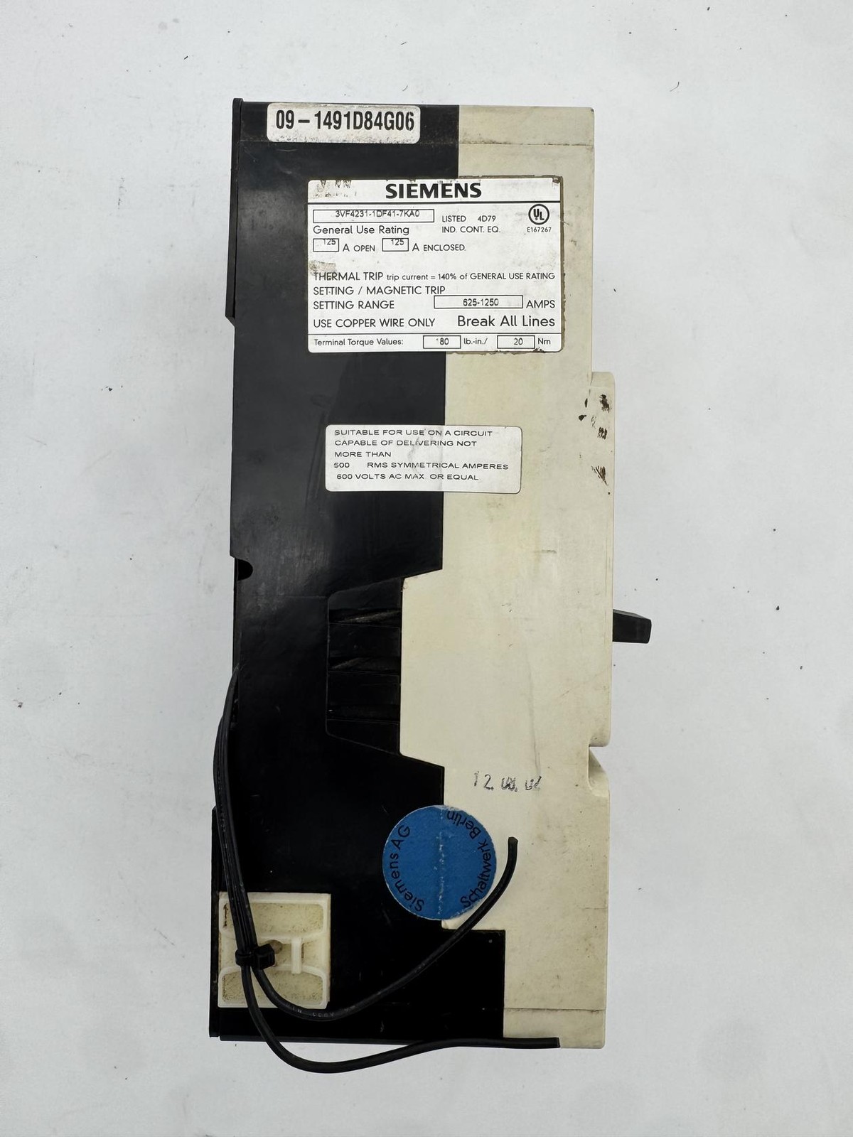 SIEMENS 3VF4 CIRCUIT BREAKER 3VF4231-1DF41-7KA0 125AMP 600VOLT 3POLE
