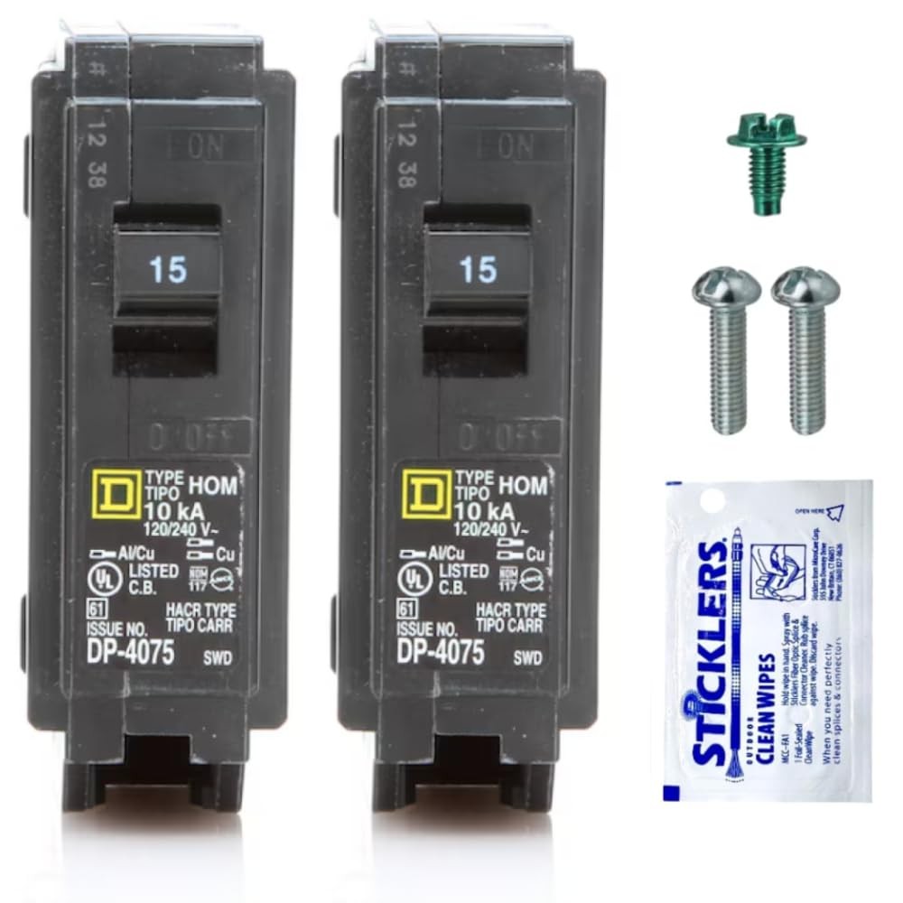 Genuine Square D HOM115 Circuit Breaker Kit Bundle (2 Pack), 15 Amp (15A) Sin…
