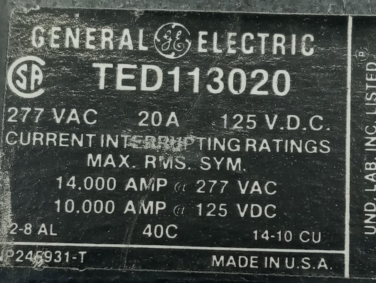 Lot of (2) General Electric TED113020 1 Pole Circuit Breaker 20A 277VAC 125VDC